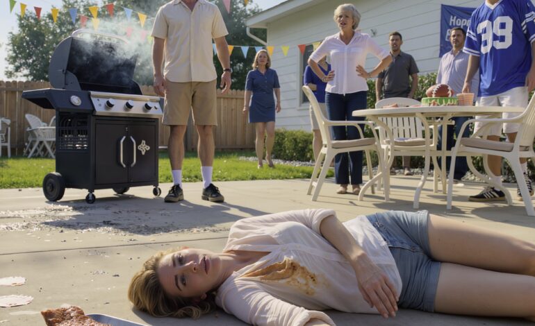 Een vrouw lag versteend op het hete beton van een buitenwijk, met gerookte borststukken rundvlees naast haar, terwijl haar man, omringd door rook van de barbecue en verjaardagsslingers, naar beneden staarde en iedereen sommeerde afstand te houden – het eerste teken dat dit voor hem geen medisch noodgeval was, maar een plan dat uit de hand liep.