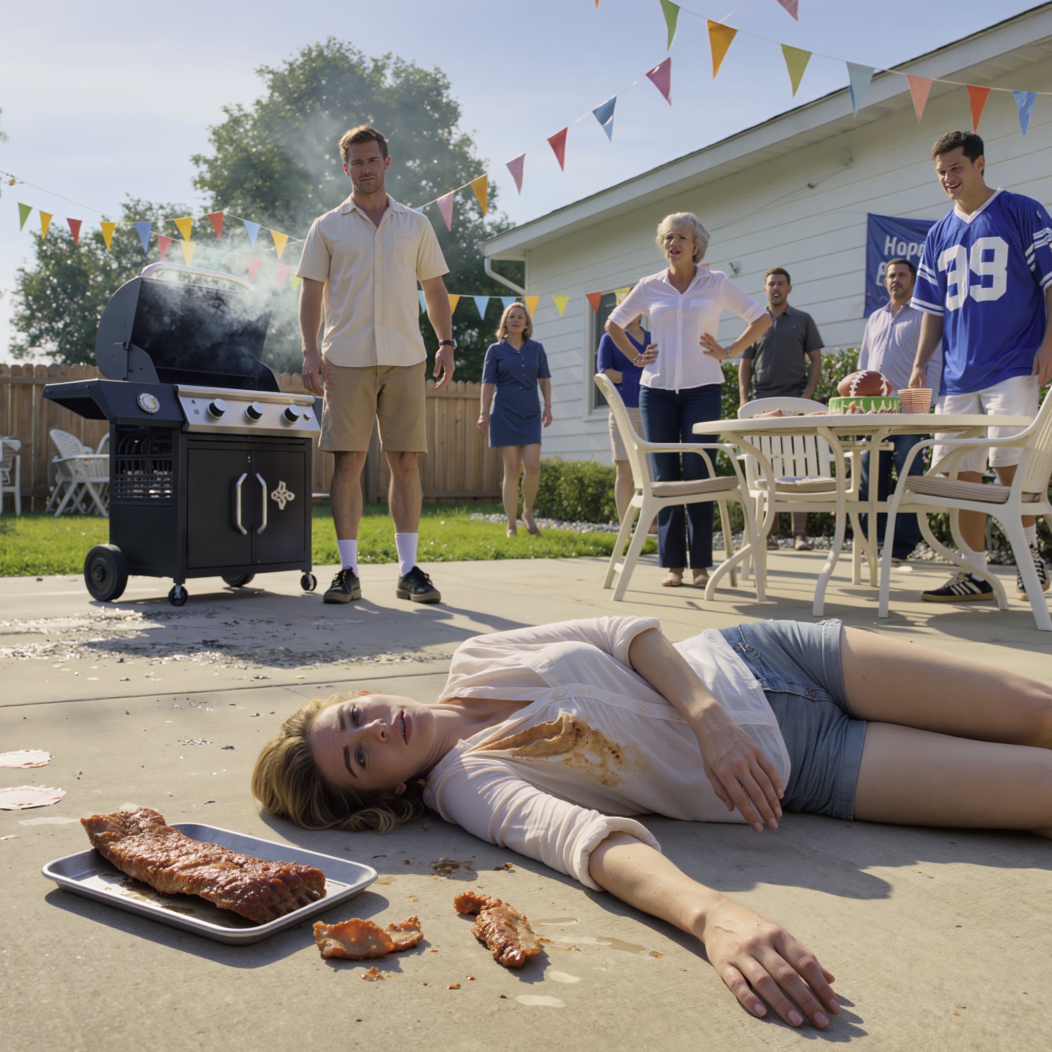 Een vrouw lag versteend op het hete beton van een buitenwijk, met gerookte borststukken rundvlees naast haar, terwijl haar man, omringd door rook van de barbecue en verjaardagsslingers, naar beneden staarde en iedereen sommeerde afstand te houden – het eerste teken dat dit voor hem geen medisch noodgeval was, maar een plan dat uit de hand liep.