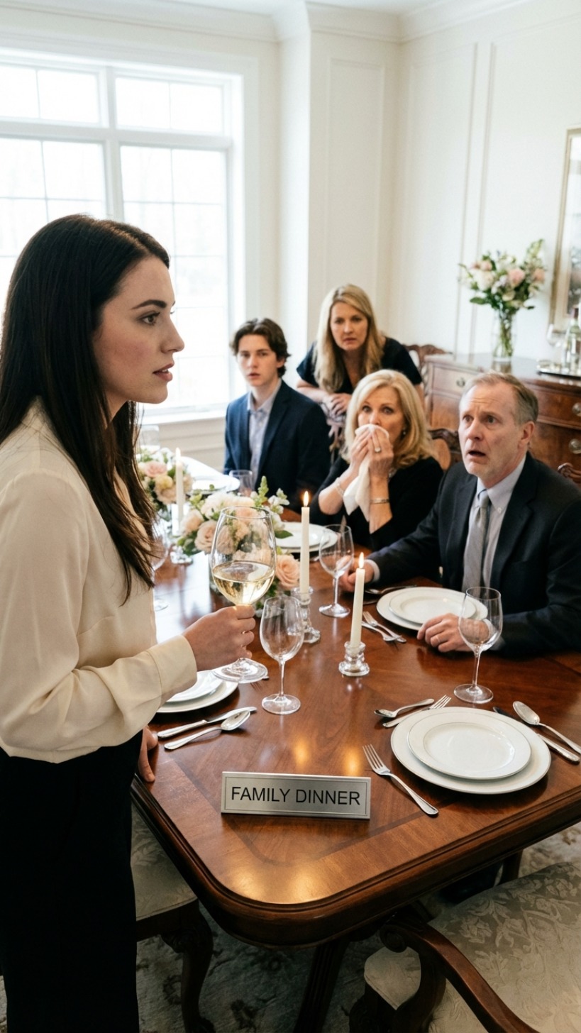 Moeder lachte en zei: “Jij hoort niet bij deze familie.” Ik hief mijn glas en antwoordde: “Prima. Vraag dan niet om geld.” Haar gezicht betrok. Vader keek verbijsterd. Het werd doodstil in de kamer…
