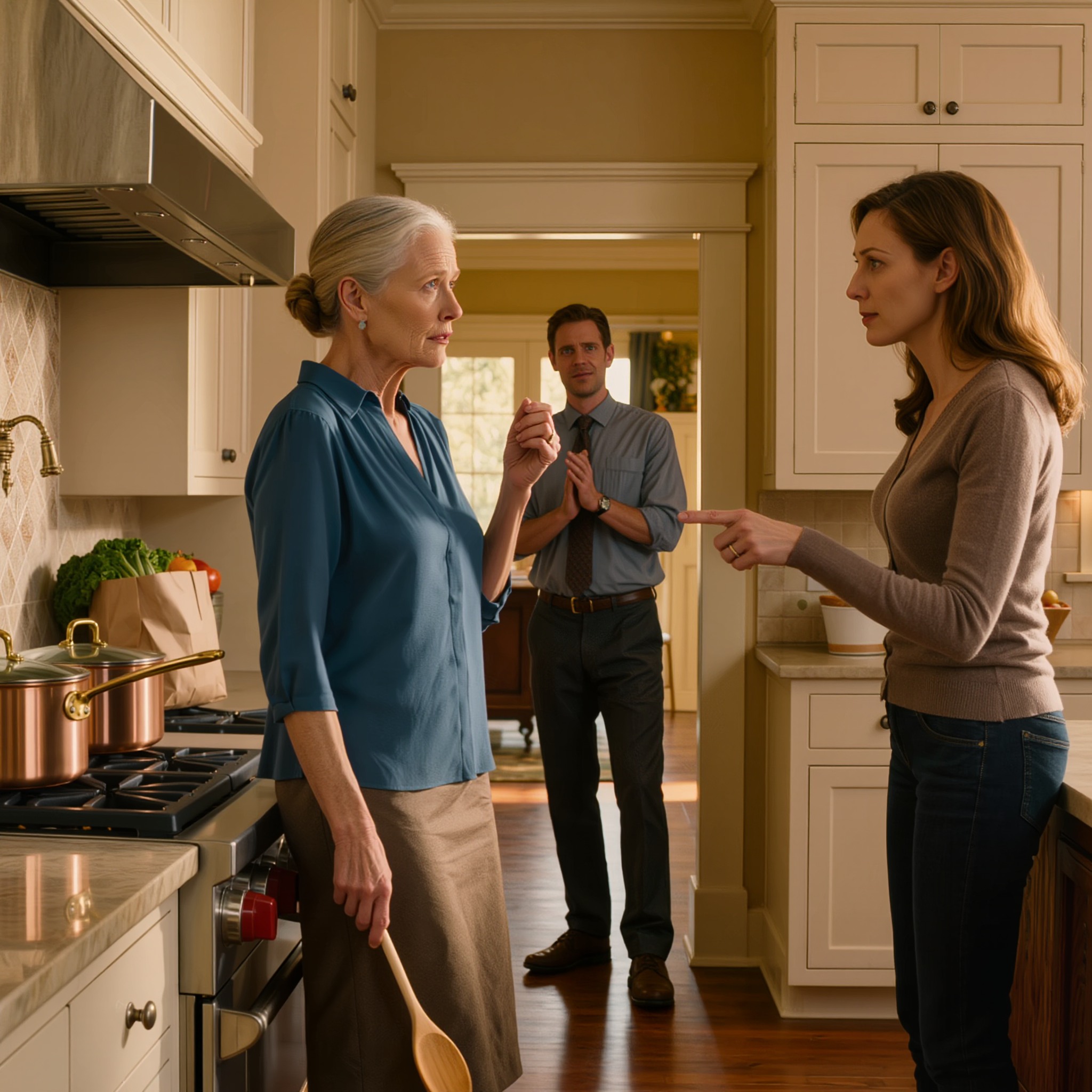 ‘Wil je even de keuken verlaten?’, zei mijn schoondochter in mijn eigen huis. Ze was mijn pannen en mijn eten aan het gebruiken om voor haar hele gezin te koken. Mijn zoon begon te klappen en zei: ‘Zo is het, schat! Eindelijk zegt iemand het…’ Maar hij kon zijn zin niet afmaken…
