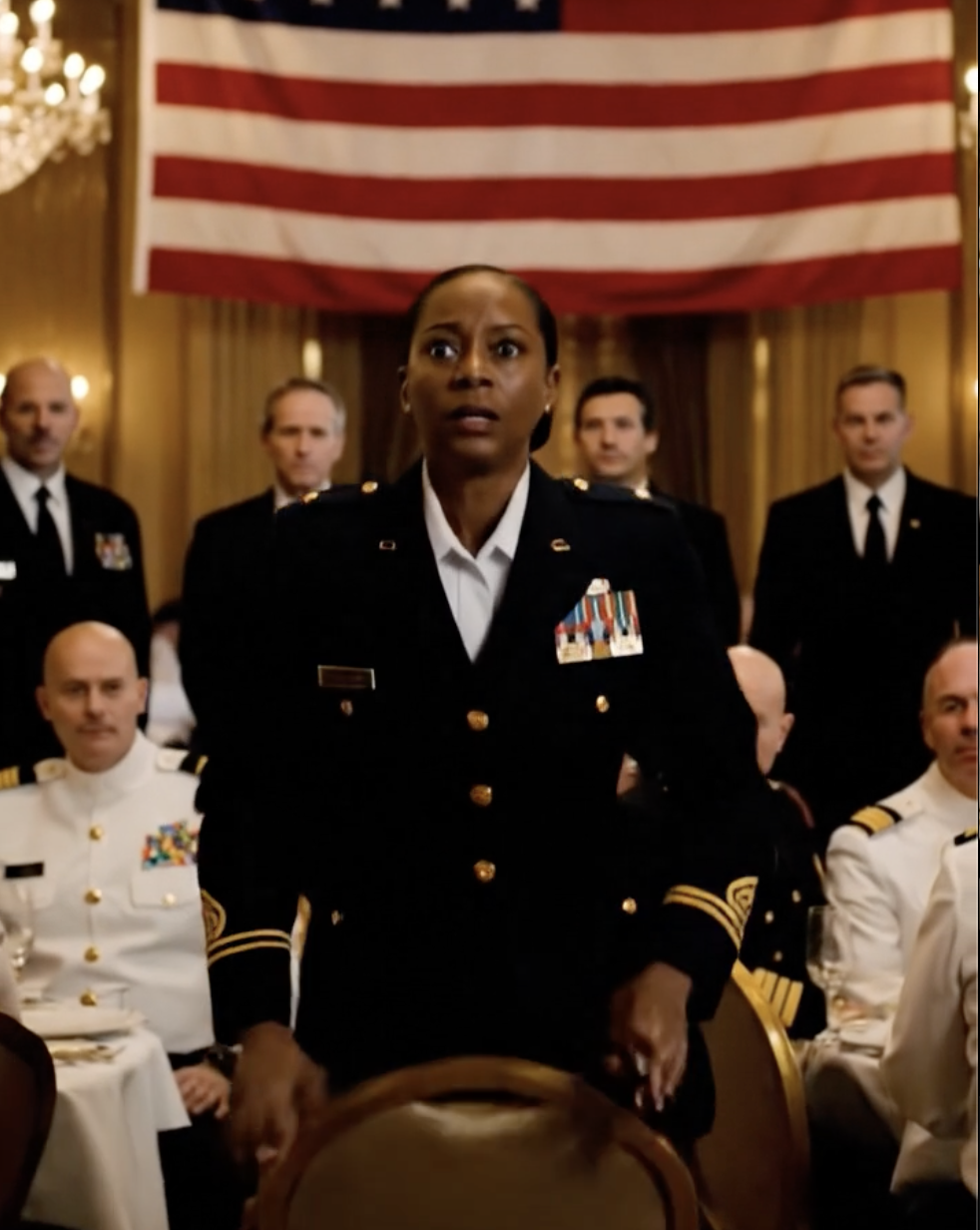 Mijn broer liet me arresteren tijdens mijn promotiediner, terwijl hij schreeuwde: “Ze is een bedriegster!” Toen stond een vijfsterrenadmiraal op en donderde: “Blijf met je handen van mijn vrouw af!” De hele zaal verstijfde – het gezicht van mijn broer vertrok in pure paniek.