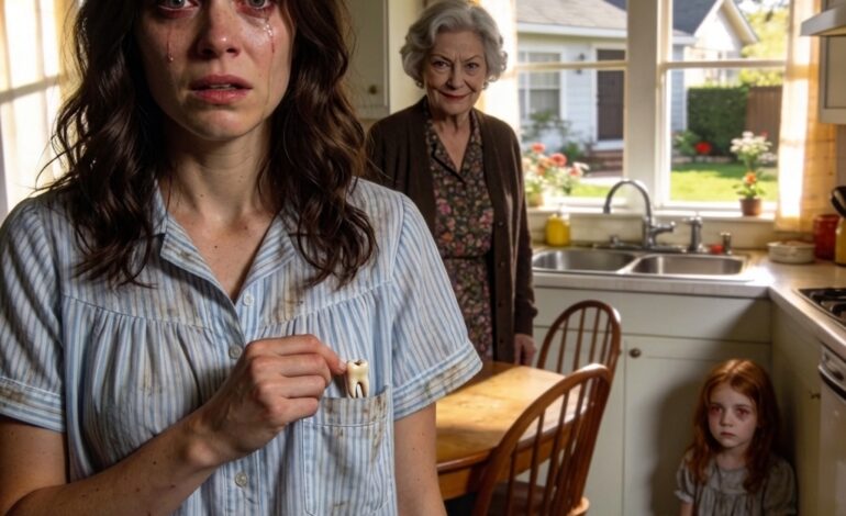 Äitini sanoi haluavansa hyvittää menneen, joten hän tarjoutui hoitamaan tytärtäni yön ajan, jotta voisin levätä. Seuraavana aamuna, kun tulin hakemaan häntä, tyttäreni istui liikkumattomana keittiön nurkassa, yöpaita mudassa ja silmät punaiset kuin hän olisi itkenyt tuntikausia. Kysyin, mitä oli tapahtunut, mutta äitini hymyili minulle vain ohuen hymyn ja sanoi, että tyttäreni oli kävellyt unissaan ja mennyt yksin puutarhaan. Tämä selitys kesti, kunnes pesin mekon ja löysin hänen taskustaan ​​ihmisen hampaan. – Tarina