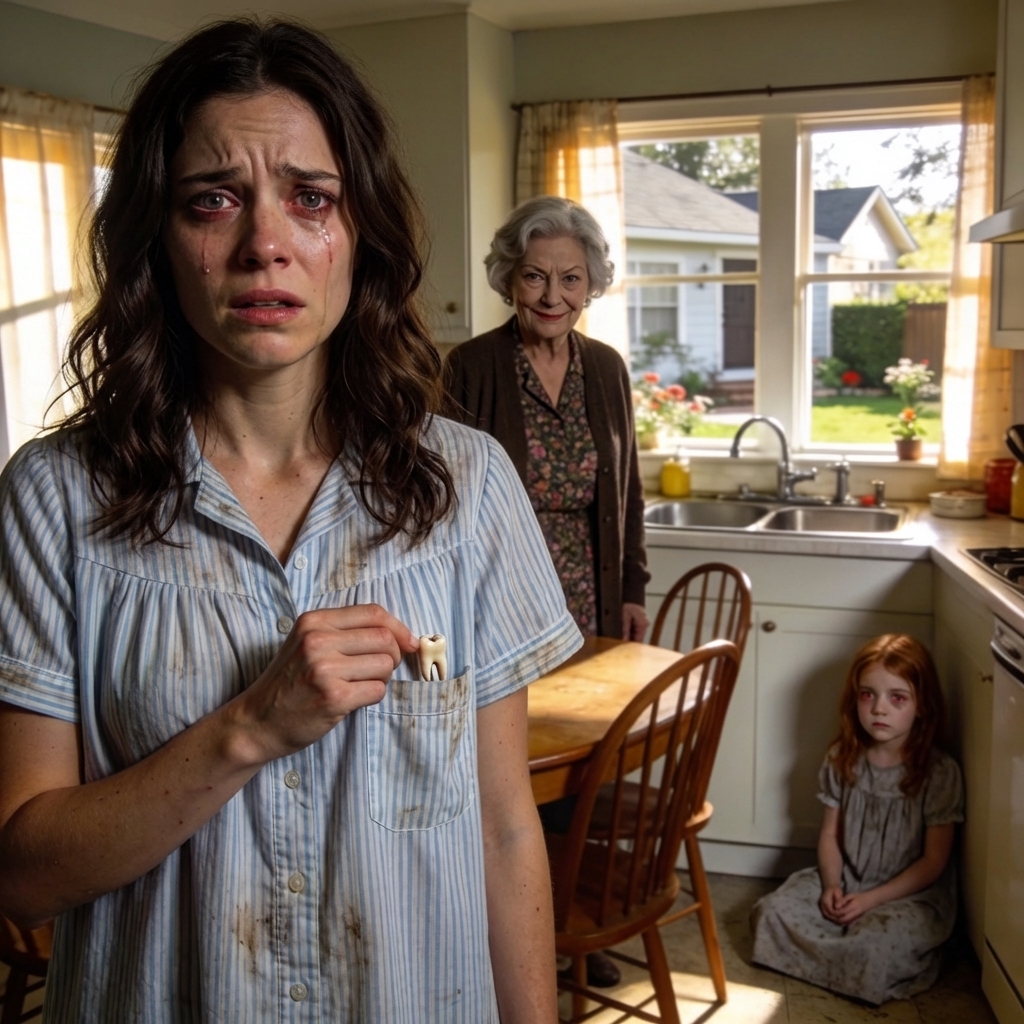 Äitini sanoi haluavansa hyvittää menneen, joten hän tarjoutui hoitamaan tytärtäni yön ajan, jotta voisin levätä. Seuraavana aamuna, kun tulin hakemaan häntä, tyttäreni istui liikkumattomana keittiön nurkassa, yöpaita mudassa ja silmät punaiset kuin hän olisi itkenyt tuntikausia. Kysyin, mitä oli tapahtunut, mutta äitini hymyili minulle vain ohuen hymyn ja sanoi, että tyttäreni oli kävellyt unissaan ja mennyt yksin puutarhaan. Tämä selitys kesti, kunnes pesin mekon ja löysin hänen taskustaan ​​ihmisen hampaan. – Tarina