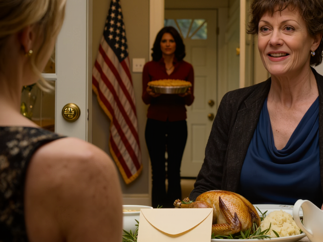 Vuosien jännityksen jälkeenkin kutsuin vanhempani ja veljeni kiitospäivään taloon, jonka isoisäni jätti minulle – ja sitten, juuri keskellä kalkkuna-illallista, isäni liu’utti minulle paperin, jossa minulle annettiin seitsemän päivää aikaa lähteä, äitini hymyili ja sanoi: “Luke on se, joka tarvitsee tätä taloa”, enkä väittänyt sanaakaan… kunnes naapurini, joka on myös paras ystäväni, käveli sisään sinetöidyn kirjekuoren kanssa isälleni – Uutiset