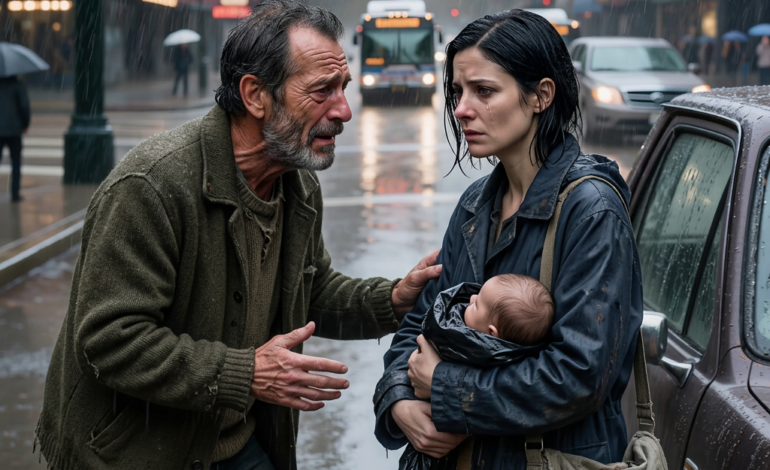 Ik zette mijn truck abrupt in de parkeerstand midden op een afslagstrook in Seattle toen ik mijn dochter in de ijskoude regen zag smeken met een baby gewikkeld in vuilniszakken. Ze zou veilig moeten zijn in een appartement in Bellevue met haar machtige echtgenoot. Maar toen ik naar haar toe rende, met blauwe lippen en trillend, fluisterde ze: “Papa, nee, je moet weg. Ze houden je in de gaten.”