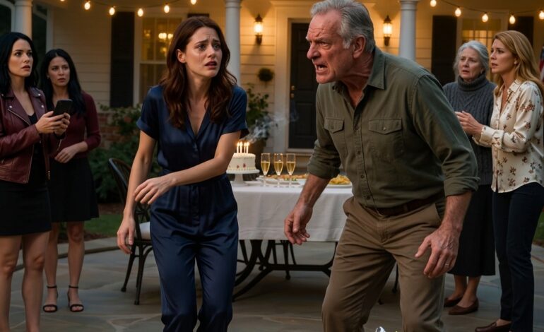 Op de avond van mijn vaders 55e verjaardag, met 30 gasten die nog steeds champagneglazen vasthielden, keek hij naar het cadeau waar ik drie maanden voor had gespaard en zei hij letterlijk: “Wat is dit voor een goedkoop stuk troep?”, waarna hij me recht voor de eettafel een klap gaf. Ik pakte mijn rugzak en liep de nacht in Virginia in, niet wetende dat er voor middernacht een zwarte SUV zou stoppen en dat vijf woorden van een vreemde de afgelopen 18 jaar in dat huis op een manier zouden openbreken die niemand meer kon herstellen.