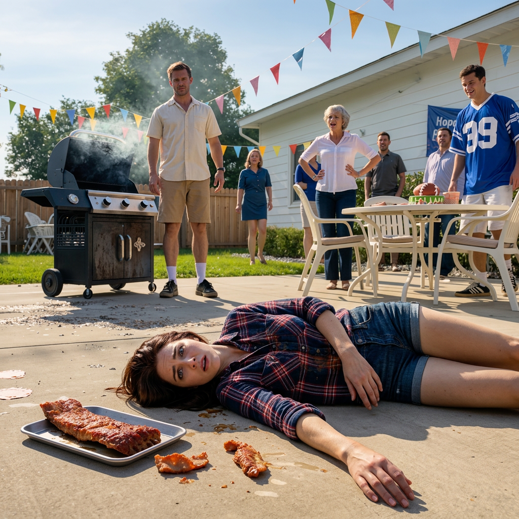 Een vrouw lag versteend op het hete beton van een buitenwijk, met gerookte borststukken rundvlees naast haar, terwijl haar man, omringd door rook van de barbecue en verjaardagsslingers, naar beneden staarde en iedereen sommeerde afstand te houden – het eerste teken dat dit voor hem geen medisch noodgeval was, maar een plan dat uit de hand liep.
