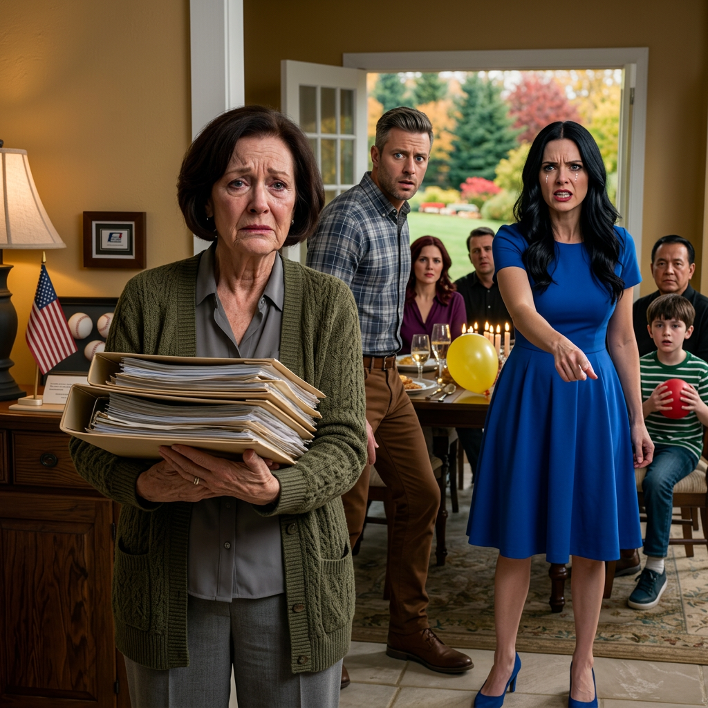 At the birthday dinner I cooked for from 5 a.m., my daughter-in-law stood up, pointed at the door, and said, “You weren’t invited.” The table went silent; my son stared at his plate, and my grandson clutched his blue balloon like he didn’t know me. I locked the door, reached for the documents I’d prepared, and—before her guests, my neighbors, a lawyer, and a police officer—I made the truth speak.