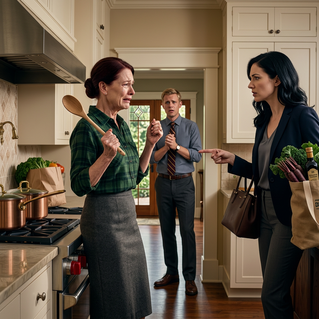 ‘Kunt u even de keuken verlaten?’, zei mijn schoondochter in mijn eigen huis. Ze gebruikte mijn pannen en mijn eten om voor haar hele gezin te koken. Mijn zoon begon te klappen en zei: ‘Zo is het, schat! Eindelijk zegt iemand het…’ Maar hij kon zijn zin niet afmaken…