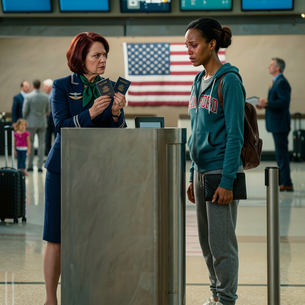 Een gate-medewerker beschadigt het paspoort van een jonge vrouw, zonder te weten dat ze een luchtvaartveiligheidsauditor is die incognito op bezoek is.