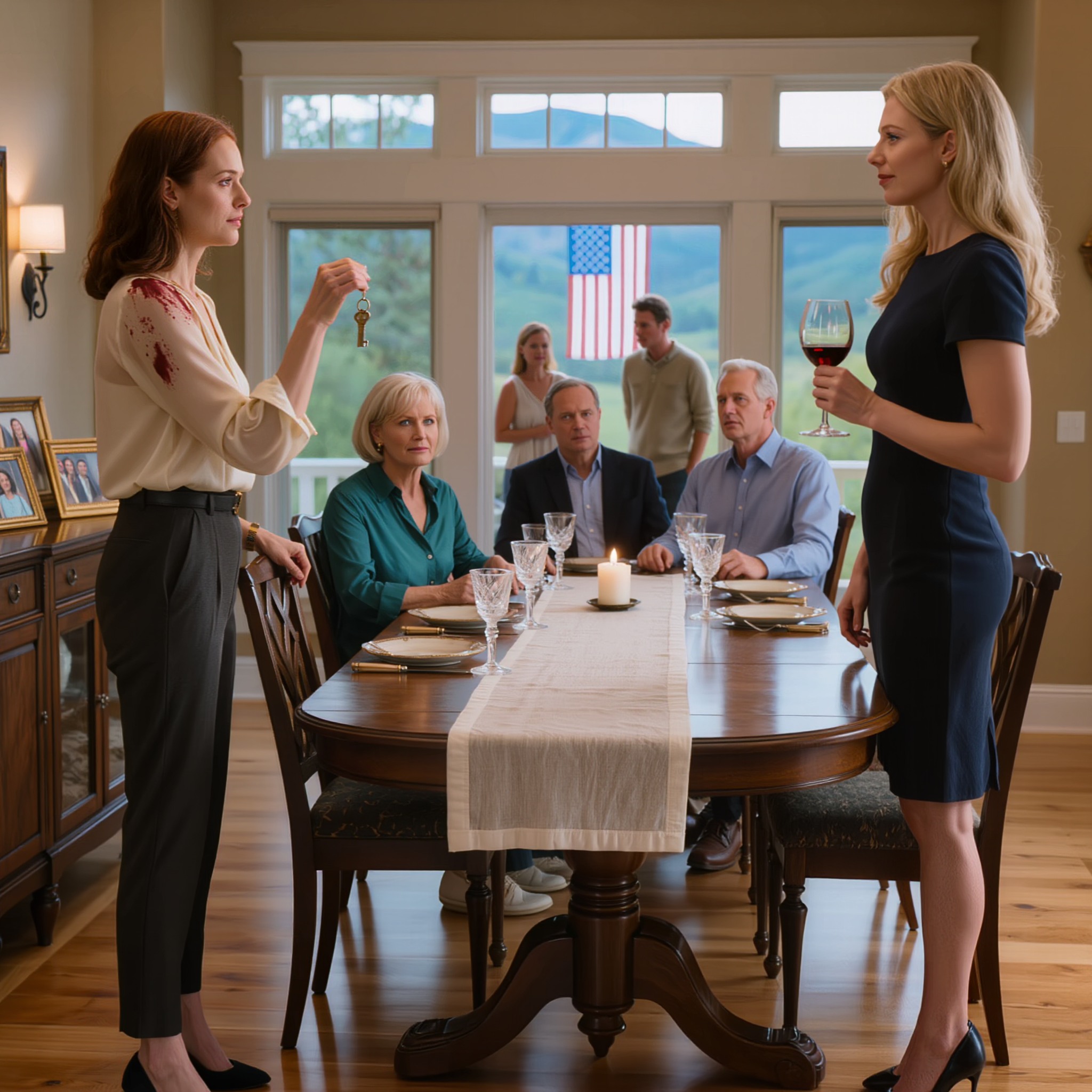 Tijdens het avondeten morste mijn zus wijn over me heen en zei: “Je hebt tot zonsopgang om te vertrekken.” Mijn ouders gingen erin mee. Ik glimlachte alleen maar, liet een sleutel op tafel vallen en zei: “Dan heb je 60 seconden…”