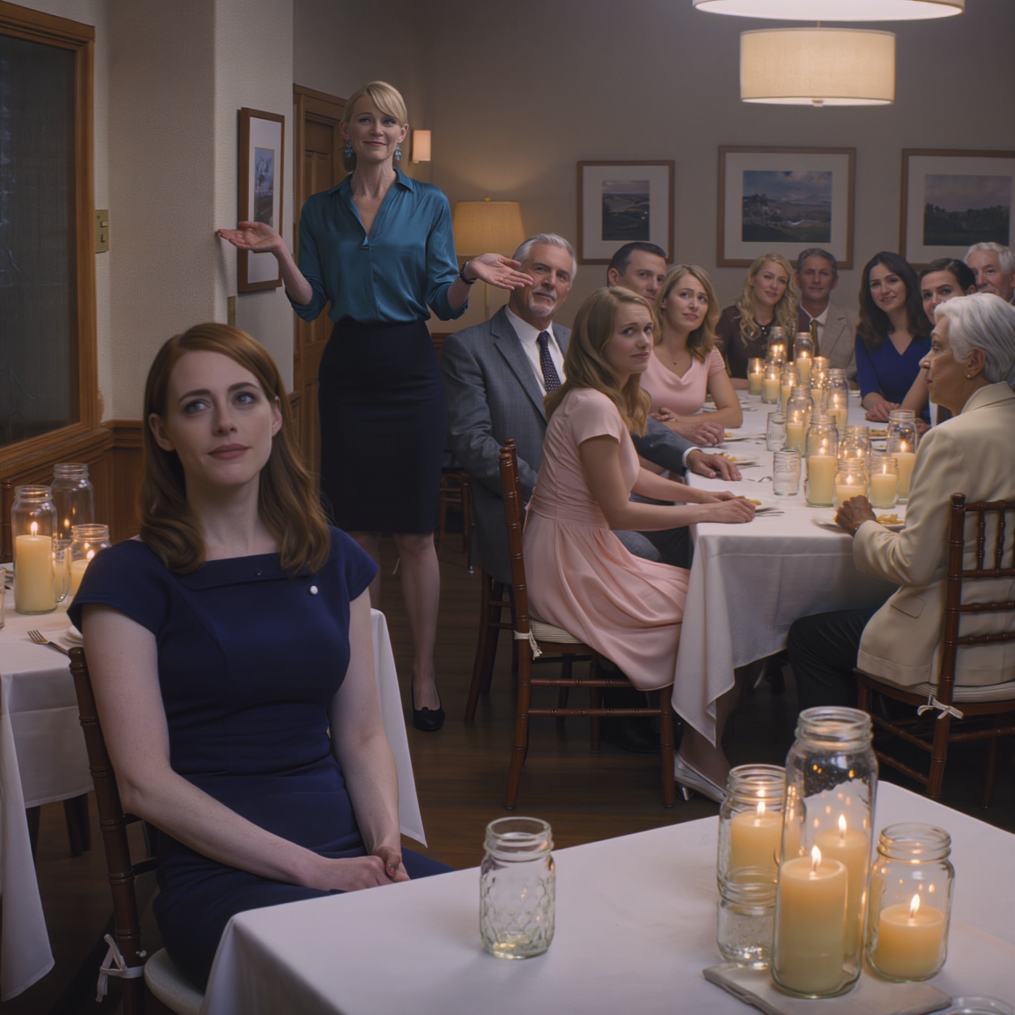 Tijdens het verlovingsdiner van mijn zus glimlachte mijn moeder naar de familie van de bruidegom en zei: “Dit is onze andere dochter – ze maakt huizen schoon voor de kost.” Mijn vader voegde eraan toe: “We hebben de hoop op haar opgegeven.” Toen staarde de moeder van de bruidegom me aan, verstijfde volledig en fluisterde: “Wacht even… jij bent de vrouw die—” De kamer werd stil en voor het eerst in mijn leven zag mijn moeder er bang uit.