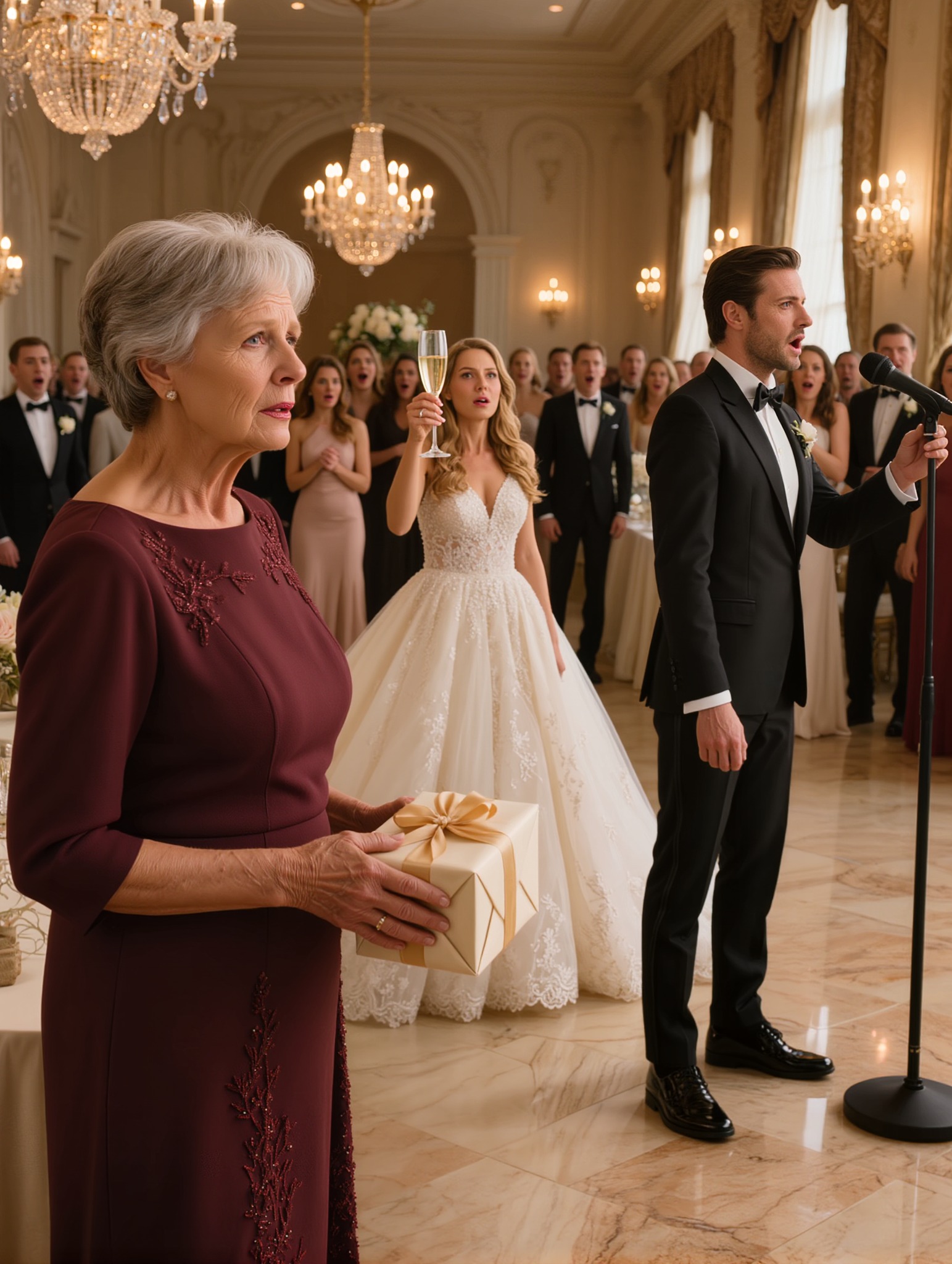 Op de bruiloft van mijn dochter hief ze haar champagneglas en glimlachte: “Mijn gekozen familie maakt me gelukkig.” Toen keek ze me recht aan en voegde eraan toe: “Je kunt gaan.” Ik stond op met mijn cadeau nog ongeopend in mijn handen, vernederd voor tweehonderd gasten… maar voordat ik een stap kon zetten, stond de bruidegom ook op, greep naar de microfoon en zei: “Voordat haar moeder vertrekt, verdient iedereen de waarheid.”