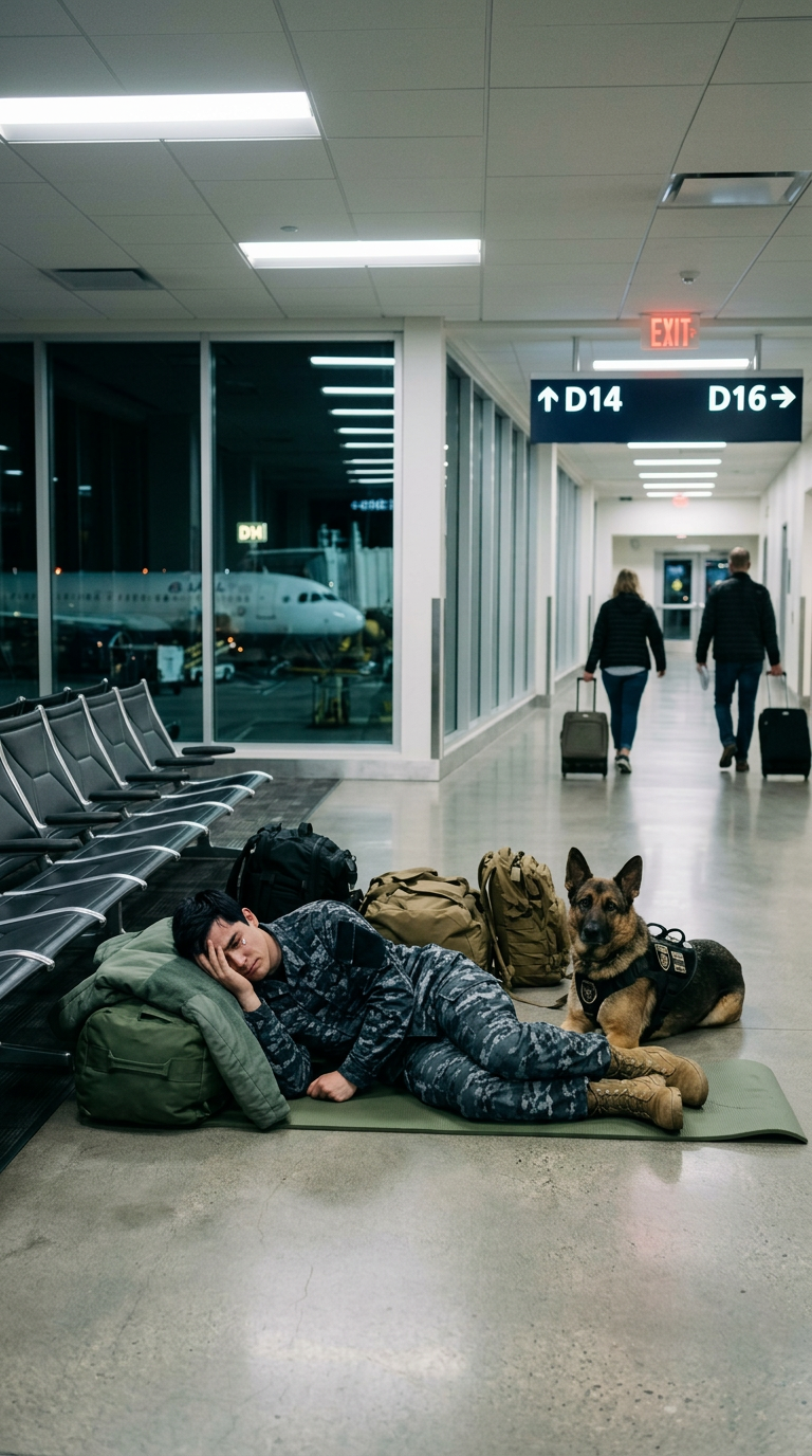 Vlak voor zonsopgang lag een soldaat roerloos op de grond in een bijna verlaten luchthavenhal, terwijl zijn trouwe hond naast hem bleef en de gestage stroom voorbijgangers negeerde. Aanvankelijk ging de scène online rond als een prachtig voorbeeld van loyaliteit, maar al snel kwam een diepere waarheid aan het licht die niemand had verwacht…
