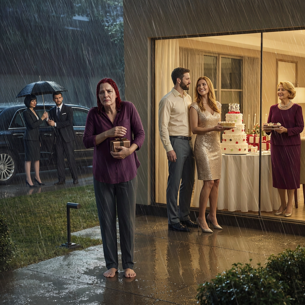 Mijn zoon sloot me buiten in de regen zodat hij met zijn schoonfamilie feest kon vieren. Toen stopte er een zwarte auto, stapte mijn moeder uit, keek naar mijn doorweekte kleren en wees naar het huis: “Vernietig het.” Ik dacht dat ze gewoon een rustige vrouw van een ranch was, maar de manier waarop twee mannen in donkere pakken achter haar aan liepen, gaf het perfecte verjaardagsfeest van mijn zoon het gevoel dat het het begin van een afrekening was.