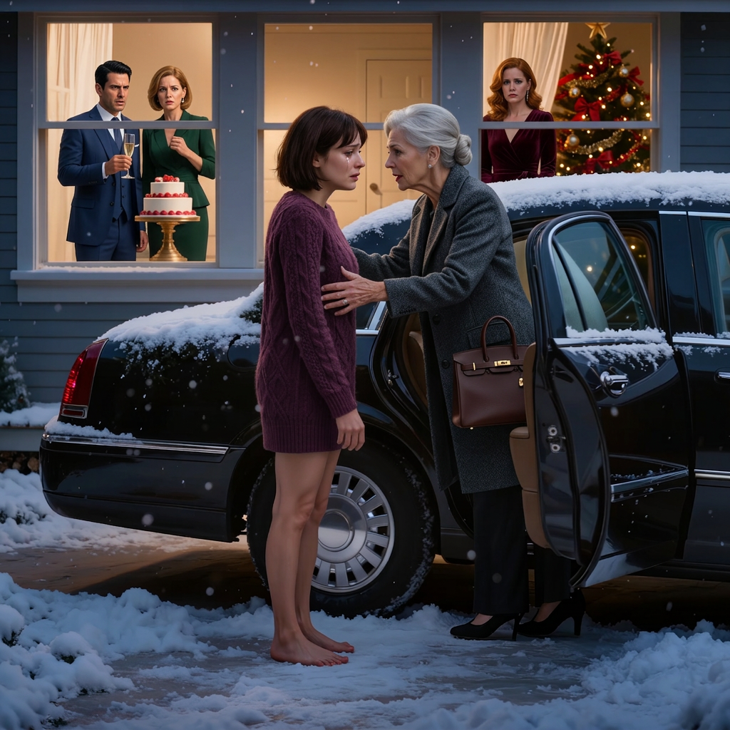 Op kerstavond duwde mijn vader me op blote voeten de sneeuw in en zei: “Je moet je plek verdienen.” Dertig gasten keken toe hoe hij terugging naar de champagne terwijl ik buiten voor het raam stond te bevriezen. Toen, om 23:14 uur, stopte er een zwarte limousine aan de stoeprand, en de vrouw van wie hij me twaalf jaar lang had proberen wijs te maken dat ze voorgoed verdwenen was, stapte eruit met iets in haar handen waardoor hij vergat in wiens huis hij stond.