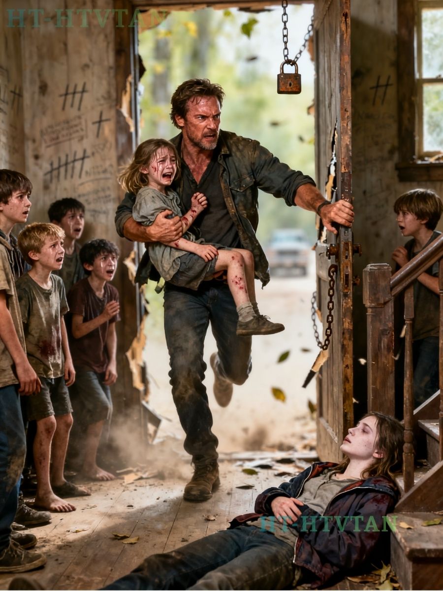 Ik kwam drie weken eerder thuis van het olieplatform. Mijn dochter Sophie was er niet. Mijn vrouw zei dat ze “op een wilderniskamp bij opa” was. Ik reed naar het adres. Ik vond dertien kinderen opgesloten in een gebouw. Sophie was er ook. Ze had honger en zat onder de blauwe plekken. “Papa, we kunnen niet weg. Meneer Thornton zegt dat er beren zijn.” Ik vond een meisje in de kelder. Ze ademde nauwelijks. Toen hoorde ik een vrachtwagen aankomen…