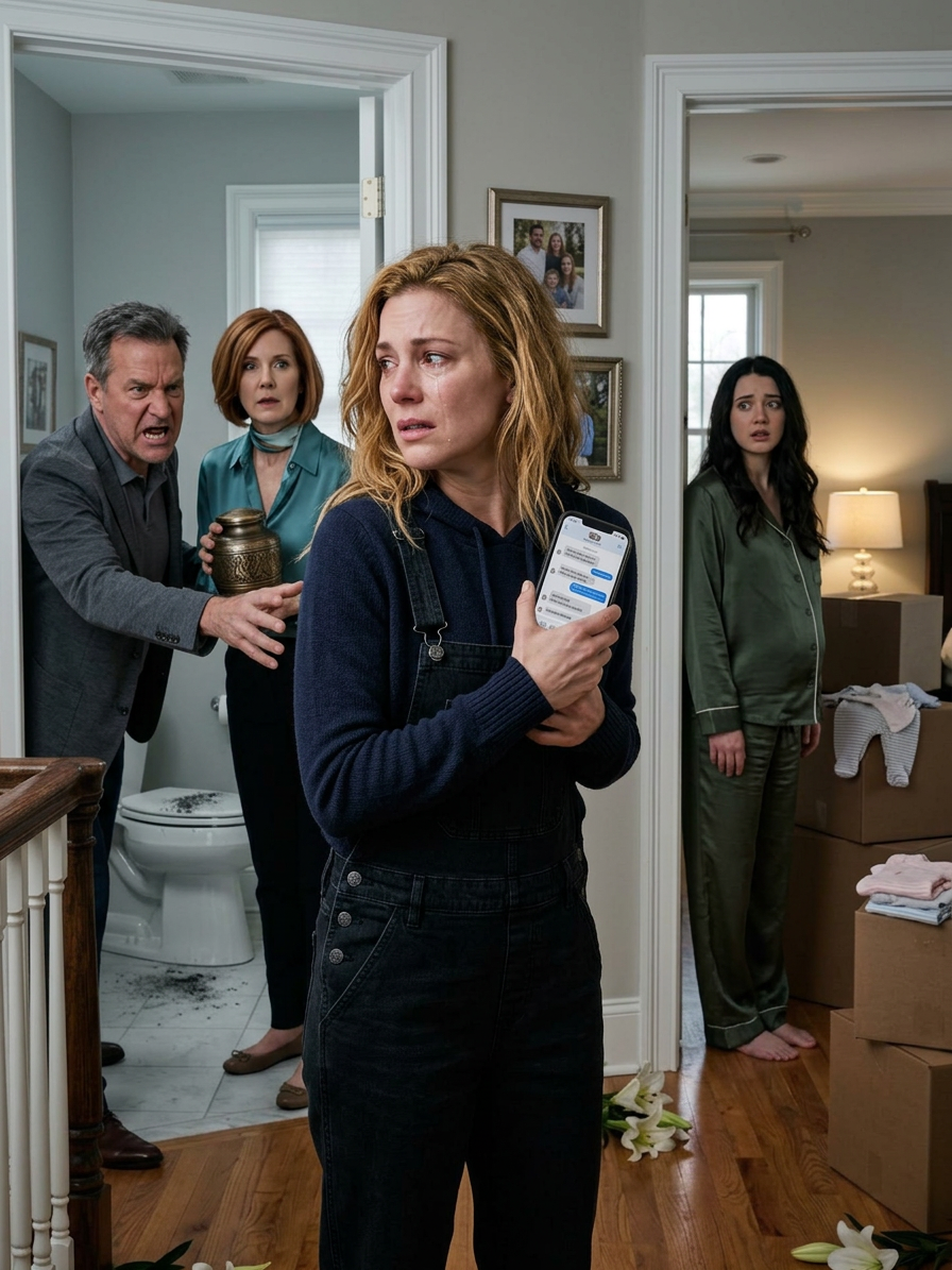 Ik liep mijn hoofdbadkamer binnen en betrapte mijn moeder erop dat ze de as van mijn overleden zoon door de wc spoelde, zodat mijn zwangere zus mijn slaapkamer kon innemen. Maar toen mijn vader in de deuropening stapte en de lege urn zag, schrok hij zich rot.