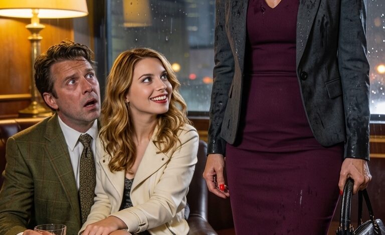 Een momentje… – Ik rende een stijlvolle lounge binnen om aan de regen te ontsnappen, maar vond mijn man verstijfd met een jonge…