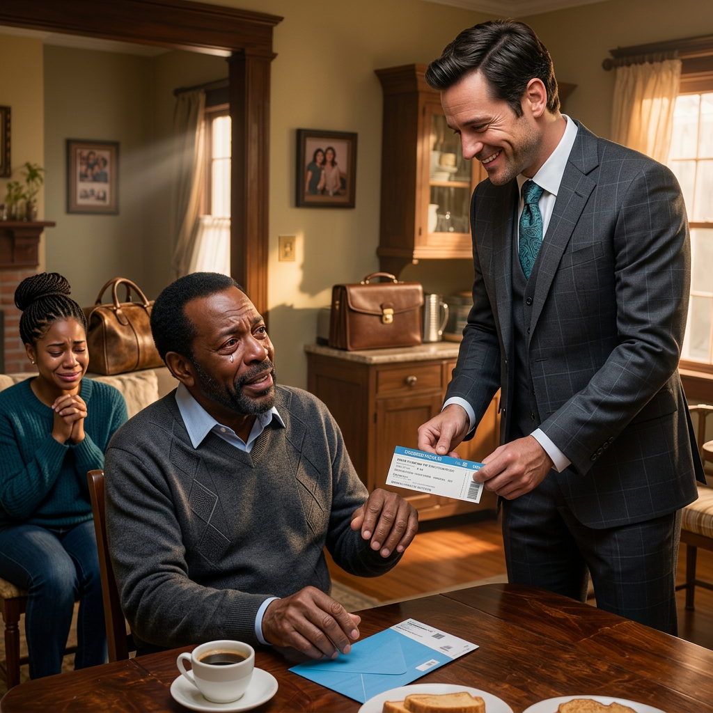 Ik deed alsof ik naar Florida vertrok toen mijn schoonzoon een enkelticket over mijn ontbijttafel schoof en zei: “Je gaat morgen, pap.” Dus huurde ik een smerige kamer tegenover mijn eigen herenhuis, keek toe hoe mijn dochter drankjes serveerde aan mannen in smoking, en wachtte op de bejaarde buurman die een roestige sleutel in mijn handpalm drukte en fluisterde: “Om middernacht zul je het zien.”