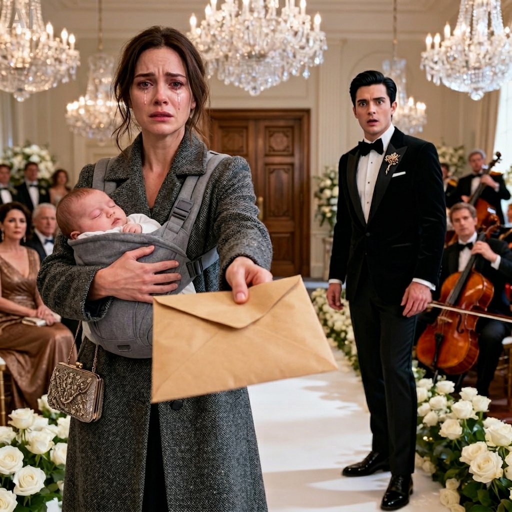 Zes weken nadat mijn man mij en onze pasgeboren baby in een sneeuwstorm had geduwd, hoorde ik zijn laatste woorden nog steeds in mijn hoofd: “Het komt wel goed. Je overleeft het altijd.” Nu stond ik achter op zijn schitterende bruiloft, mijn baby slapend tegen mijn borst en een verzegelde envelop brandend in mijn hand. Toen hij me zag, verdween zijn glimlach. “Wat doe je hier?” siste hij. Ik fluisterde: “Ik geef je wat je vergeten bent… en neem wat je gestolen hebt.” Toen stopte de muziek