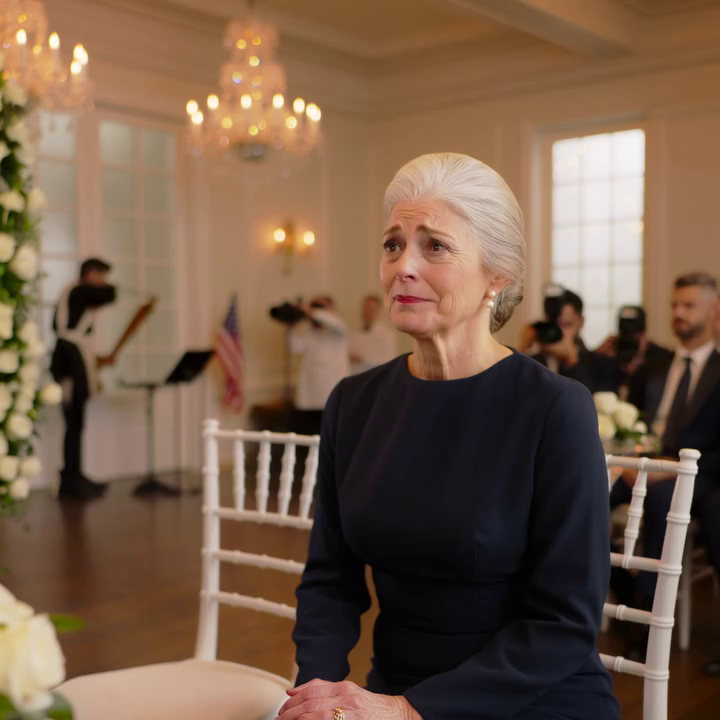 Op de luxe bruiloft van mijn zoon zat ik op rij 14, pal naast het gedeelte waar de gasten zaten. De bruid boog zich naar me toe en fluisterde: ‘Alsjeblieft… laat ons er vandaag niet slecht uitzien.’ Toen ging er een man in een zwart pak naast me zitten en mompelde: ‘Laten we net doen alsof we samen gekomen zijn.’ Toen mijn zoon naar beneden keek en ons zag, werd hij bleek.