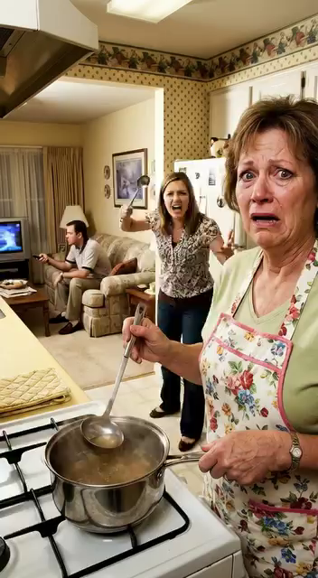 Een momentje… – Terwijl ze rustig in de pan soep roerde, zwaaide haar