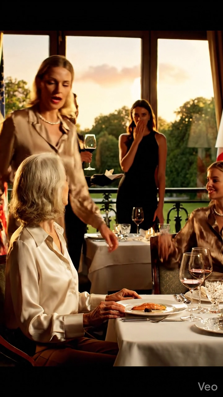 ‘Arme mensen zitten hier niet,’ schreeuwde de schoonmoeder van mijn zoon me in mijn gezicht nadat ze mijn bord had weggeschoven; ik glimlachte alleen maar, pakte mijn tas, liep naar buiten en 10 minuten later, toen de manager bij hun tafel stopte, realiseerde iemand zich eindelijk dat ze de verkeerde vrouw hadden beledigd.