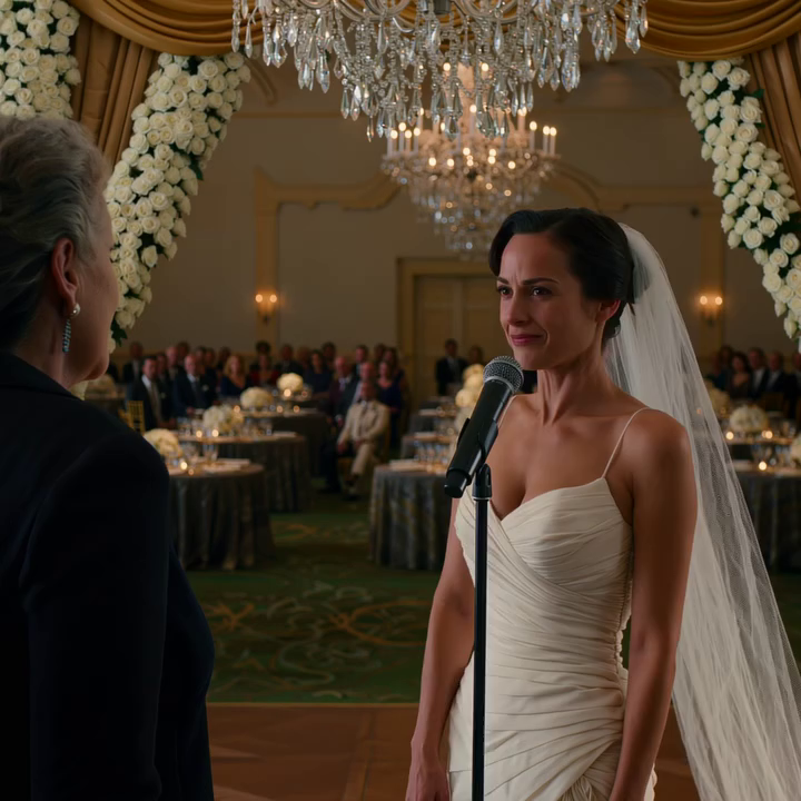 Op de bruiloft van mijn zoon betaalde ik de volle $300.000 zodat alles kon schitteren onder kroonluchters en witte bloemen. En toch greep de kersverse bruid de microfoon, draaide zich om naar haar rijke familie en wees recht naar mij. Ze introduceerde me met een zin die zo zwaar aanzette dat de muziek bijna verstomde. Er barstte een luid gelach los, totdat haar vader me aankeek en bleek wegtrok.