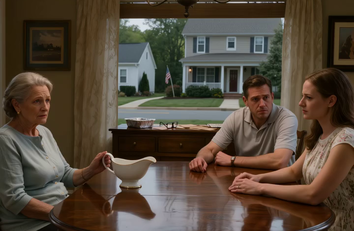 ‘Nu je man dood is, ga je gang en rouw, pak je spullen en kom niet meer terug,’ zei mijn schoondochter midden aan de eettafel, en mijn zoon glimlachte, knikte en voegde eraan toe: ‘Dat huis was toch nooit echt van jou,’ dus ik verhuisde stilletjes zonder een woord te zeggen — de volgende ochtend, toen ik de bank binnenliep, begonnen sommige mensen te beseffen dat ze te snel hadden gesproken.