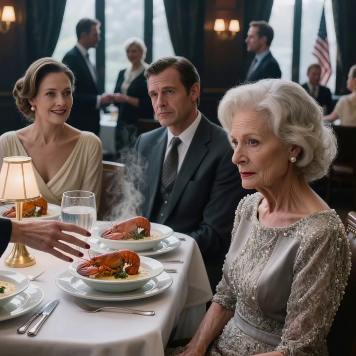 ‘We serveren geen extra maaltijden,’ zei mijn schoondochter terwijl ze me een glas water aanschoof, terwijl haar hele familie zich voor mijn neus tegoed deed aan kreeften van 60 dollar; mijn zoon voegde eraan toe: ‘Mam, je moet je plaats kennen’; ik maakte geen ruzie, ik glimlachte alleen en zei: ‘Begrepen’ — en toen de chef-kok de keuken uitstapte, begonnen de gezichten rond die tafel te veranderen.