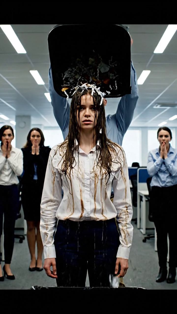 Een momentje… – Midden in het kantoor lachte hij en gooide de vuilniszak over mijn hoofd alsof hij een grapje maakte. ‘Dit is…