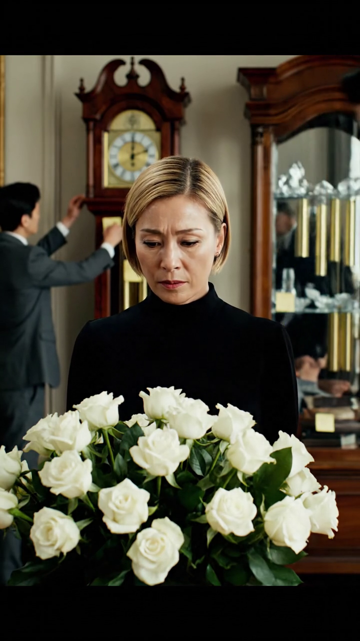 Mijn zoon boog zich over de rouwrozen en fluisterde: ‘Verwacht geen cent,’ en bleef daar staan terwijl de familie neonkleurige plakbriefjes op mijn staande klok plakte alsof het een rommelmarkt was. Dus ik maakte geen ruzie, liep weg, pleegde één discreet telefoontje, en dinsdagochtend, in een advocatenkantoor met glazen wanden, bleef de advocaat even staan bij een enkele naam in blauwe inkt, verlaagde zijn stem en zei: ‘Mevrouw Brightwood… ga alstublieft niet weg.’