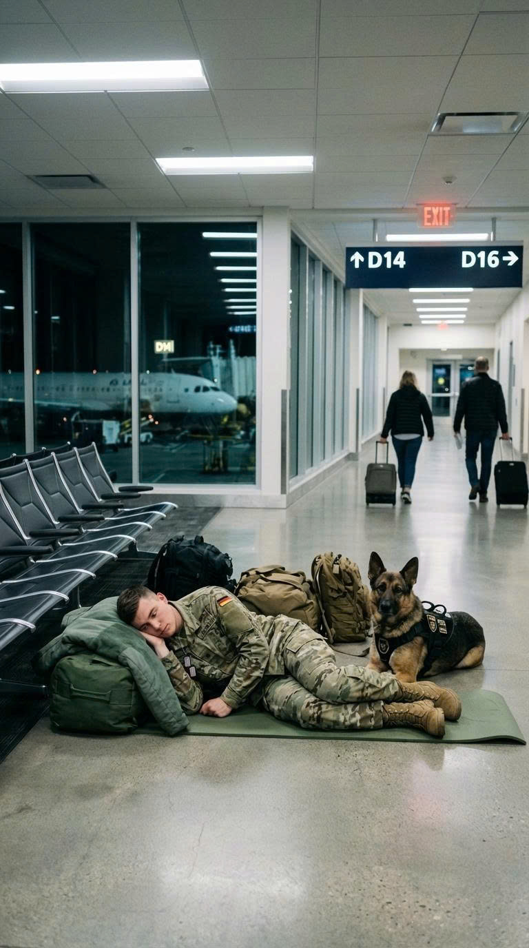 Ennen auringonnousua lähes autiolla lentokentän terminaalissa sotilas makasi liikkumattomana lattialla, kun hänen omistautunut koiransa pysyi vierellään jättäen huomiotta ohikulkijoiden tasaisen virran. Aluksi kohtaus levisi verkkoon kauniina esimerkkinä uskollisuudesta, mutta pian esiin nousi syvempi totuus, jota kukaan ei odottanut… OSA 1 — Kohtaus, jonka kaikki luulivat ymmärtävänsä Lentokenttäsotilas ja Loyal Dog Story alkoivat oudolla hetkellä, jolloin yö oli teknisesti päättynyt, mutta aamu ei ollut vielä päättänyt saapua. Minneapolisin–Saint Paulin kansainvälisellä lentokentällä terminaali 2 oli hämärän valojen, väsyneiden matkustajien ja aikaiseen lähtöön valmistautuvien lentokoneiden kaukaisessa jyrinässä. Lentokentät tuntuivat siihen aikaan vähemmän julkisilta paikoilta, vaan enemmänkin väliaikaisilta suojapaikoilta elämän väliin jääneille ihmisille, jokainen liikkui hiljaa, ettei häiritse tuntemattomien jakamaa haurasta rauhallisuutta. Portin H12 lähellä, kohteiden välillä välkkyvän hehkuvan lähtöruudun alla makasi mies venytettynä kiillotetun lattian poikki. Hänen armeijan merimieskassinsa tuki hänen päätään, toinen käsi lepäsi löyhästi rintaa vasten kuin uni olisi vienyt hänet ajatuksen puoleen. Hänen univormussaan ommeltu nimi luki ylikersantti Daniel Carter, Yhdysvaltain armeijan viestintäasiantuntija palaa kotiin lähes 11 kuukauden jälkeen ulkomailla. Useimpien tarkkailijoiden mielestä Carter näytti syvään uneen, sellainen uni ansaittiin vasta pitkän uupumuksen jälkeen. Kengät olivat pölyiset, takki taittui viereen ja hengitys vaikutti niin hitaalta, ettei kukaan ohikulkija ollut huolissaan. Kulkijat yksinkertaisesti sääsivät askeleitaan kulkeakseen hänen ympärillään, tarjoten sympaattisia hymyjä tai hiljaisia kunnioituksen nyökkäyksiä. Huomiota ei kuitenkaan herättänyt sotilas. Se oli koira. Voimakas saksanpaimenkoira nimeltä Koda seisoi Carterin rinnalla täsmälleen sotilaan ja avoimen kävelytien välissä. Koiran asento oli jäykkä mutta hallittu, pää hieman alhaalla, silmät liikkuvat jatkuvasti. Jokainen ääni – matkalaukkujen rullat, kaukaiset kuulutukset, askeleet kaikuvat laatan yli – laukaisivat pieniä säätöjä hänen korvissaan. Hän ei mennyt makuulle. Hän ei vaeltanut. Hän ei räpäyttänyt pitkään. Nuori nainen, joka odottaa myöhästynyttä lentoa kuiskasi poikaystävälleen: “Tuo koira ei ole liikkunut kertaakaan. ” “Hän vartioi häntä”, poikaystävä vastasi. “Sotilaskoiria koulutetaan noin. ” Selitys levisi hiljaa tarkkailun kautta. Ihmiset alkoivat hidastua katsomaan, toiset hymyilivät sille, mikä tuntui harvinaiselta uskollisuudelta kiireisessä maailmassa. Liikemies otti kuvan. Lentoemäntä kuvasi hiljaisuudessa lyhyen pätkän. Muutamassa minuutissa kuvat kohtauksesta alkoivat ilmestyä verkkoon. Kuvateksti toisensa jälkeen toistivat saman idean: omistautuminen, luottamus, ystävyys. Kukaan ei huomannut, että Koda ei vahtinut Carteria rauhallisesti. Hän tarkkaili kaikkia muita tarkasti. Eikä Carter ollut vieläkään liikkunut