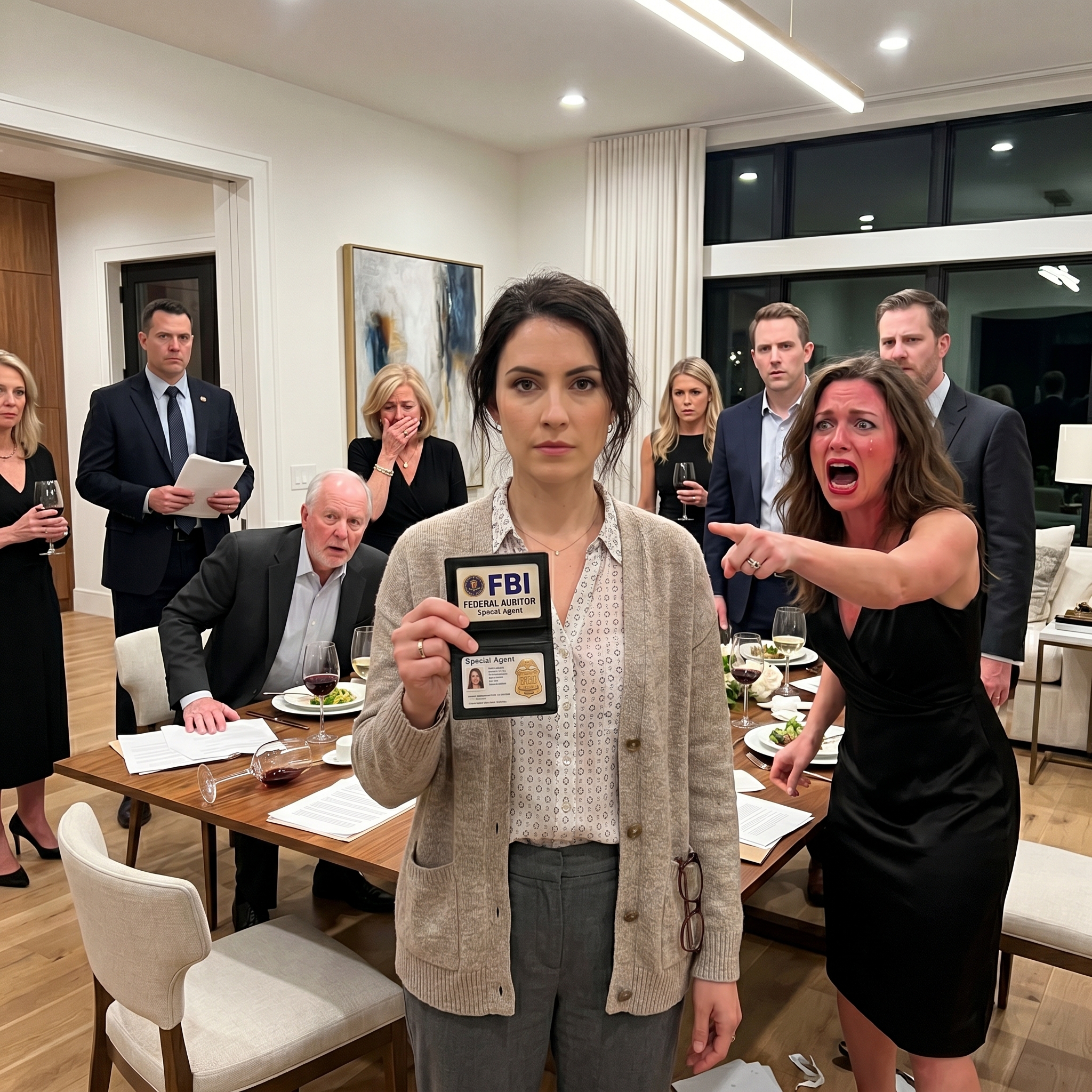 ‘Ze is gewoon een simpele accountant,’ grijnsde mijn schoonzus voor ieders neus. De man bij de deur glimlachte. ‘Simpel? Ze is de federale auditor die morgen uw bedrijf onderzoekt.’ En toen… ik mijn badge tevoorschijn haalde…