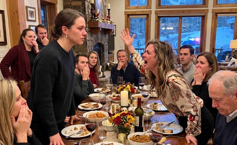 Tijdens het Thanksgivingdiner schreeuwde mijn zus tegen me: “Waarom verpest je de esthetiek van mijn skihut van 3,5 miljoen dollar?” Ik glimlachte en zei: “Je bent niet de eigenaar van dit huis. Je bent gewoon een indringer.” Op dat moment gingen de lichten aan – en toen kwam de politie…