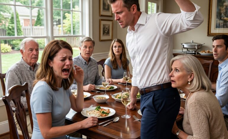 Ik zat te lachen om de grap van mijn zwager toen mijn man me tijdens het avondeten plotseling een klap in mijn gezicht gaf. Het werd muisstil in de kamer. Niemand reageerde. Toen boog zijn moeder zich naar me toe en fluisterde: “Ik ben gebleven… doe niet zoals ik.” Op dat moment besefte ik dat dit gezin iets veel duisterders verborgen hield dan stilte.