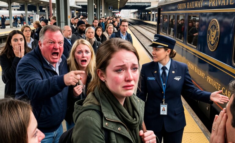Op het station sneerde mijn vader: “Je kunt niet eens een kaartje kopen.” Mijn stiefzus lachte toen ze in de eerste klas stapten. Ik wachtte stil – tot een man in uniform zei: “Juffrouw, uw wagon staat klaar.” Toen het gouden embleem omhoog rolde, stond het hele perron stil…