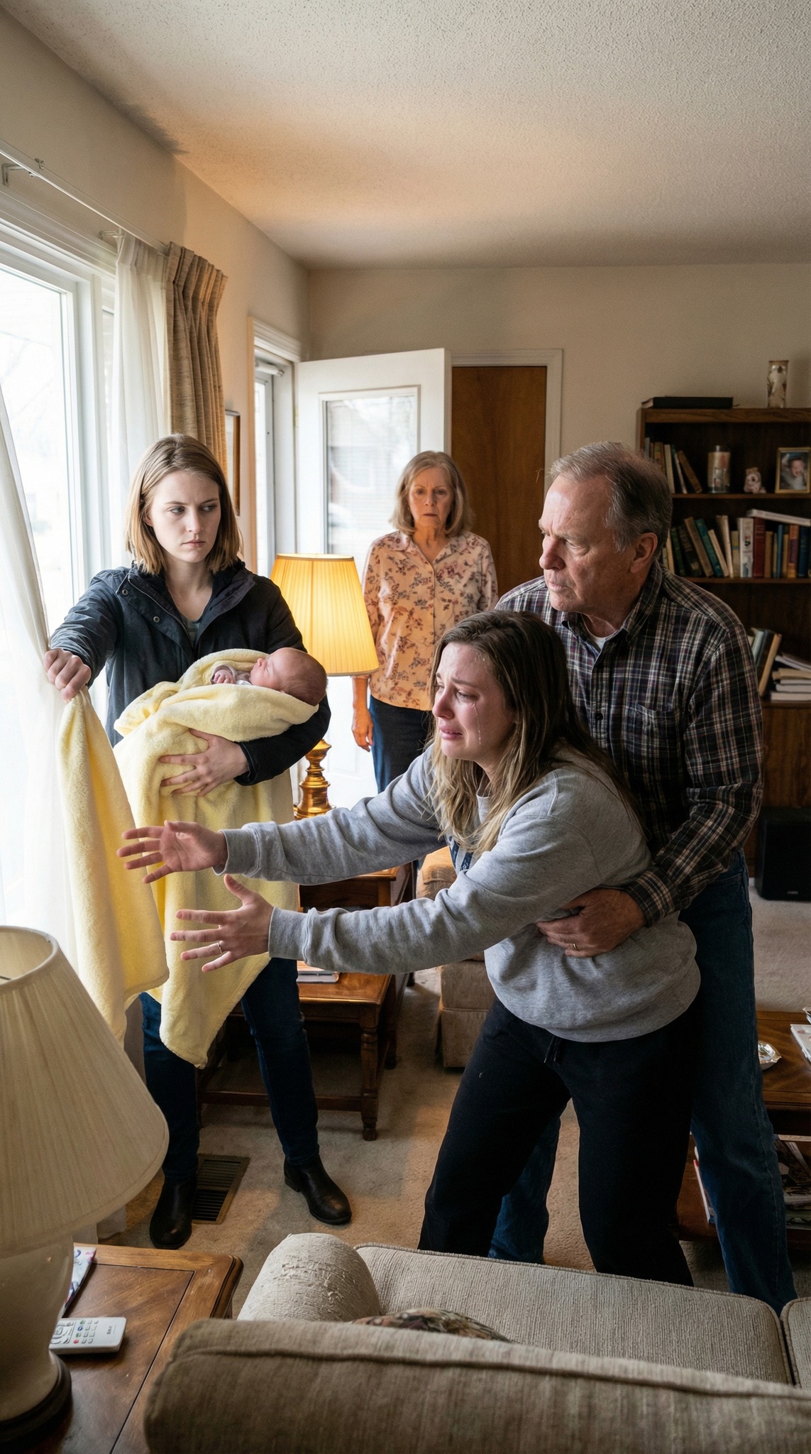 Ik liep het huis van mijn ouders binnen met mijn pasgeboren baby in mijn armen, toen mijn zus haar wegtrok. Mijn ouders gaven geen kik. “Schrijf het huis en de auto op naam van je zus. Nu.” Ik lachte zwakjes. “Alsjeblieft… ik ben net bevallen.” Mijn zus boog zich naar me toe, haar stem scherp. “Eerst de akte, anders vliegt de baby het raam uit.” Ik sprong naar voren. Mijn vader hield mijn armen achter mijn rug vast. En toen overschreed mijn zus een grens die niemand ooit meer kon uitwissen. Op dat moment…