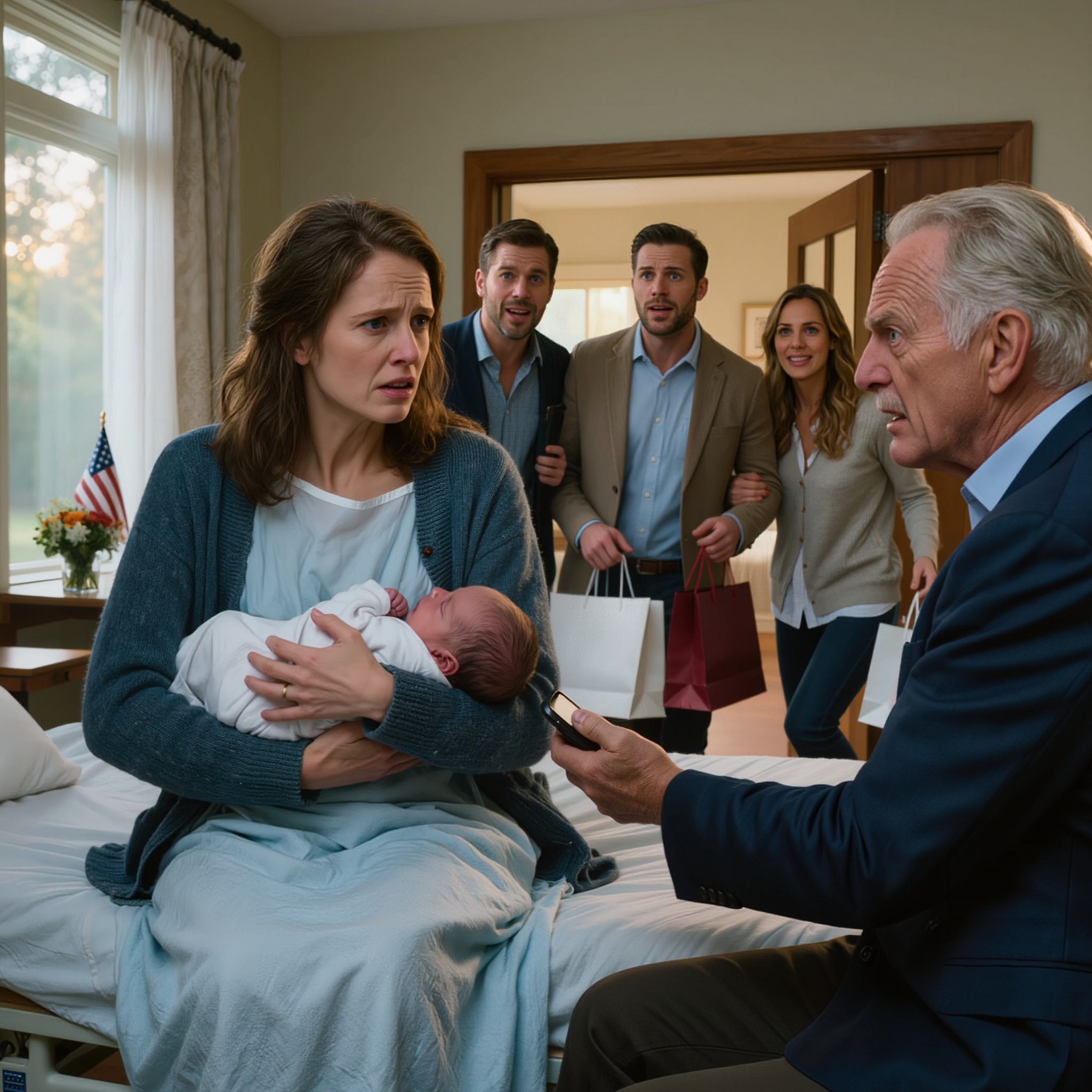 Toen mijn grootvader me in de ziekenkamer met mijn pasgeboren baby in zijn armen zag liggen, in versleten kleren, fronste hij zijn wenkbrauwen en vroeg: “Was 250.000 dollar per maand niet genoeg?” Ik vertelde hem dat ik nog geen cent had ontvangen. Hij pakte meteen zijn telefoon en belde zijn advocaten, en op dat moment zwaaide de deur open.