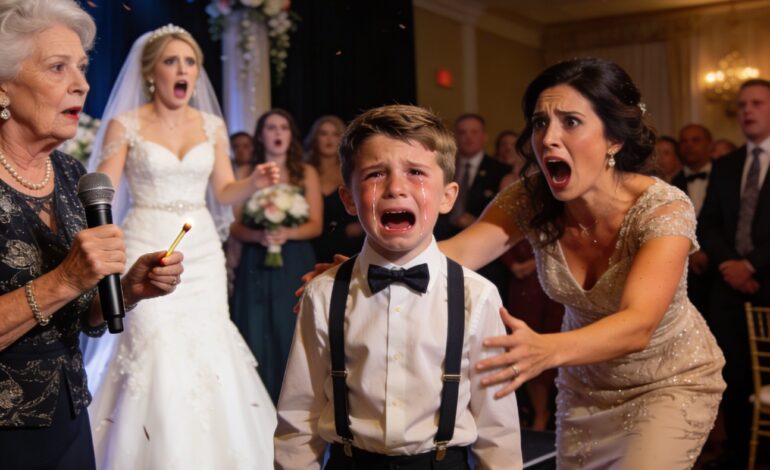 Op de bruiloft van mijn zus pakte ze met een glimlach de microfoon en zei: “En nu gaat de zoon van mijn zus een leuk optreden geven!” Zonder waarschuwing stak mijn moeder een lucifer aan en zette het haar van mijn zoon in brand. “Hier is het entertainment van vandaag! Geniet ervan!” riep ze. De menigte juichte en de zaal vulde zich met gelach. Mijn zoon barstte in tranen uit. En toen gebeurde het… – Verhaal