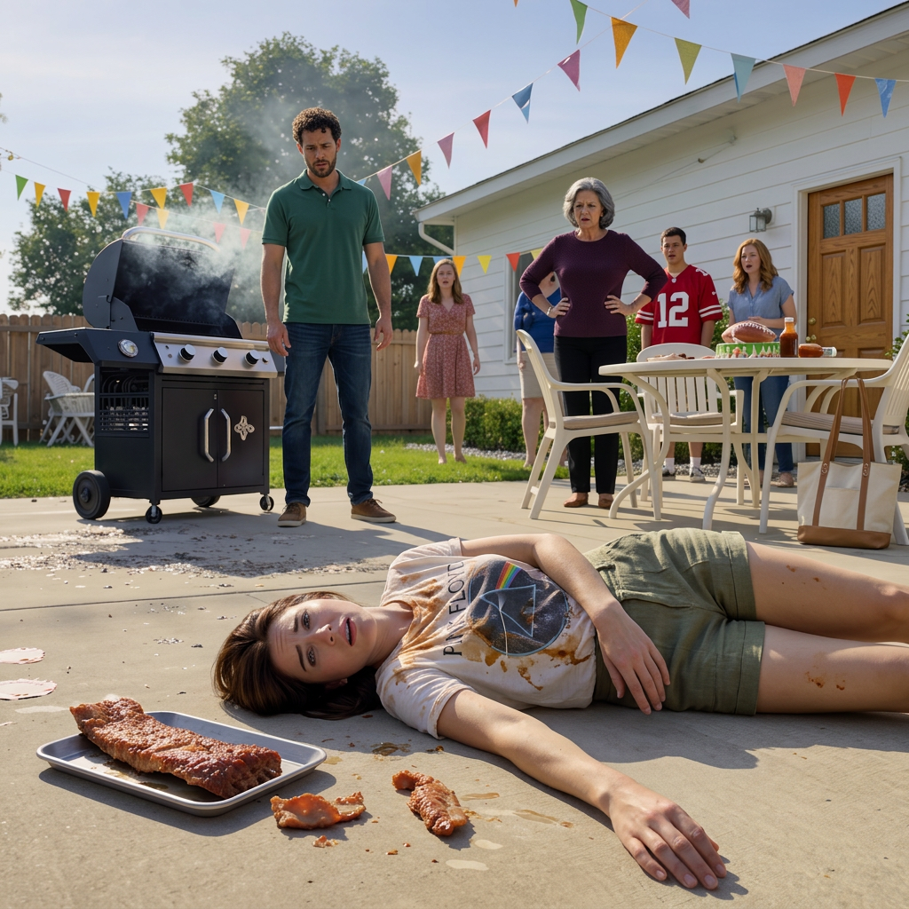 Een vrouw lag versteend op het hete beton van een buitenwijk, met gerookte borststukken rundvlees naast haar, terwijl haar man, omringd door rook van de barbecue en verjaardagsslingers, naar beneden staarde en iedereen sommeerde afstand te houden – het eerste teken dat dit voor hem geen medisch noodgeval was, maar een plan dat uit de hand liep.