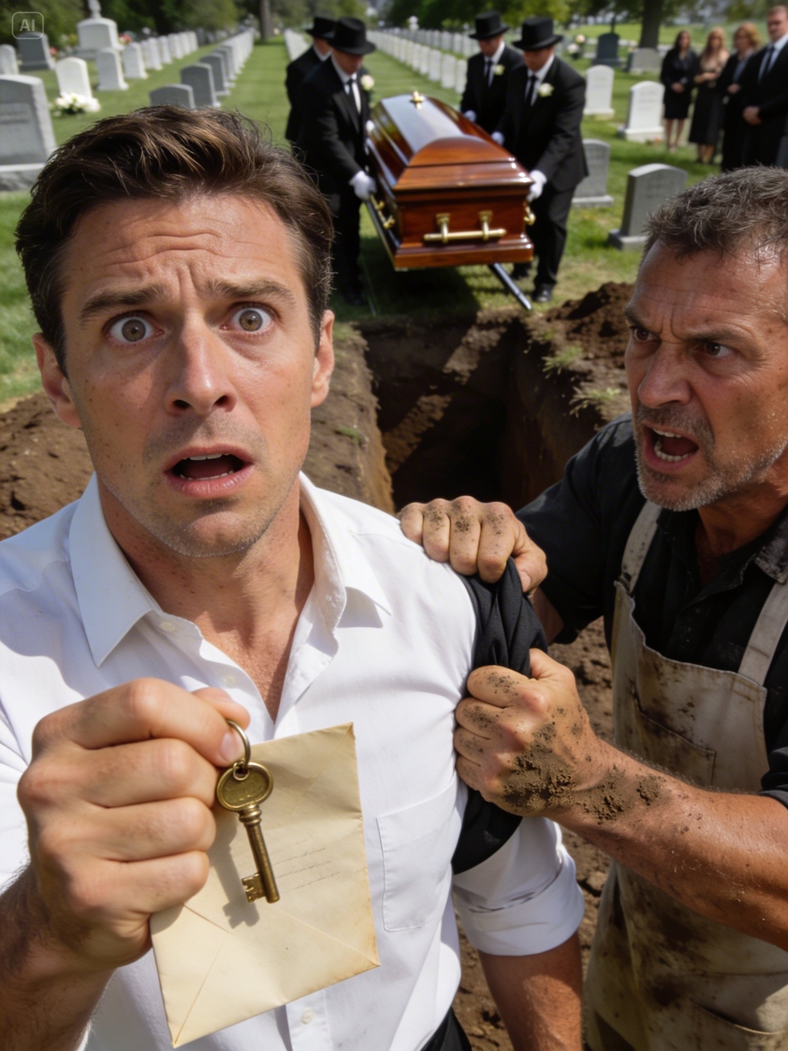 Op de begrafenis van mijn vader trok de grafdelver me apart: “Meneer, uw vader heeft me betaald om een lege kist te begraven.” Ik zei: “Hou op met grappen maken.” Hij gaf me een sleutel en siste: “Ga niet naar huis. Ga naar unit 17 – nu.” Mijn telefoon trilde: mama appte: “Kom alleen naar huis.” In unit 17 vond ik…