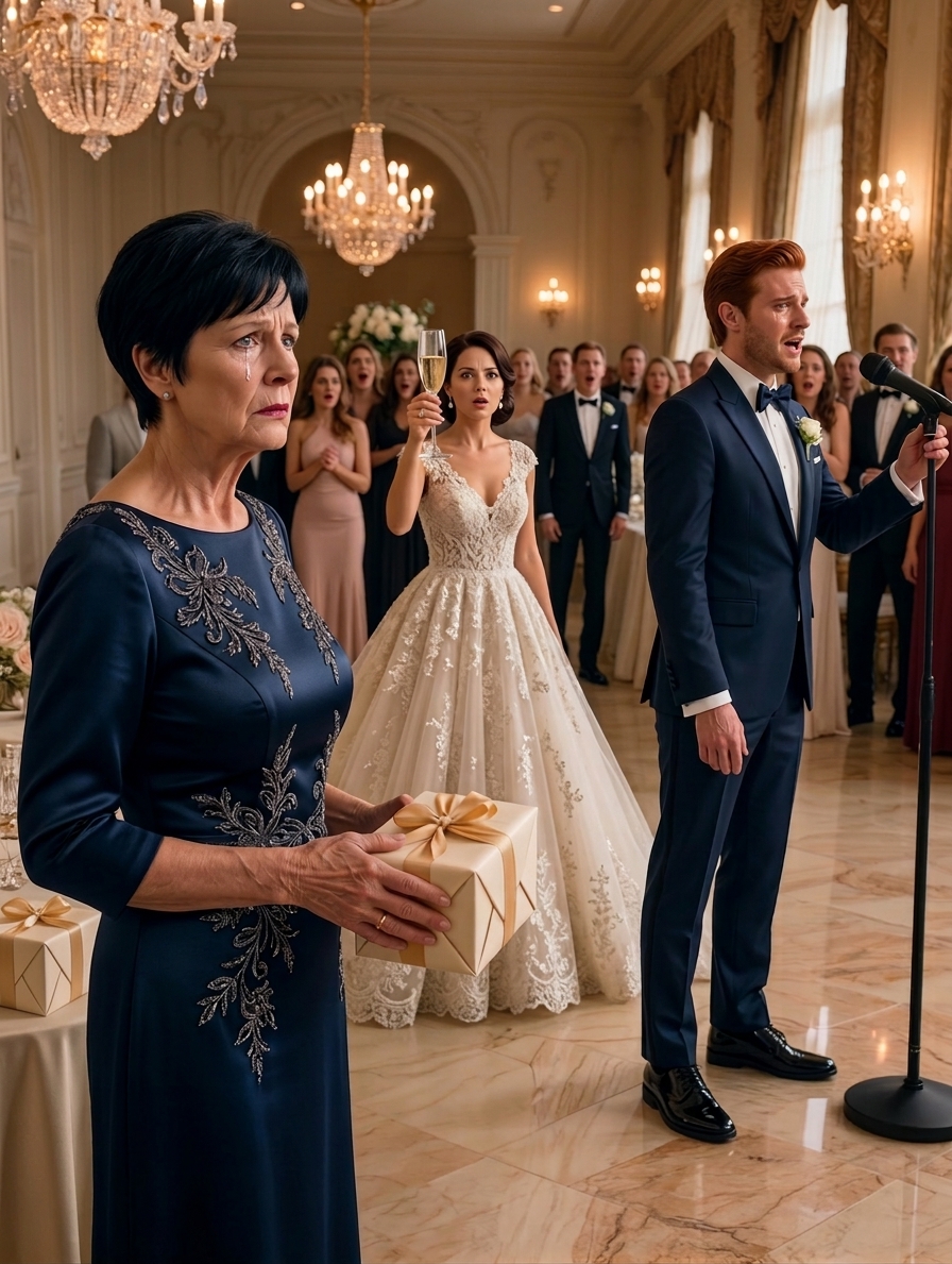 Op de bruiloft van mijn dochter hief ze haar champagneglas en glimlachte: “Mijn gekozen familie maakt me gelukkig.” Toen keek ze me recht aan en voegde eraan toe: “Je kunt gaan.” Ik stond op met mijn cadeau nog ongeopend in mijn handen, vernederd voor tweehonderd gasten… maar voordat ik een stap kon zetten, stond de bruidegom ook op, greep naar de microfoon en zei: “Voordat haar moeder vertrekt, verdient iedereen de waarheid.”