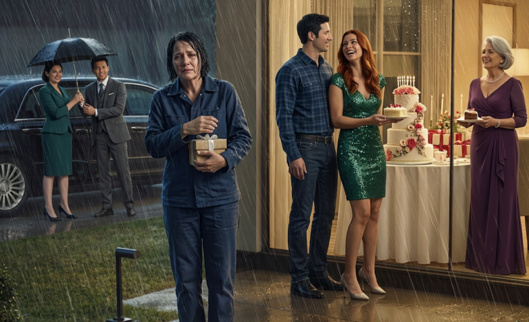 Mijn zoon sloot me buiten in de regen zodat hij met zijn schoonfamilie feest kon vieren. Toen stopte er een zwarte auto, stapte mijn moeder uit, keek naar mijn doorweekte kleren en wees naar het huis: “Vernietig het.” Ik dacht dat ze gewoon een rustige vrouw van een ranch was, maar de manier waarop twee mannen in donkere pakken achter haar aan liepen, gaf het perfecte verjaardagsfeest van mijn zoon het gevoel dat het het begin van een afrekening was.