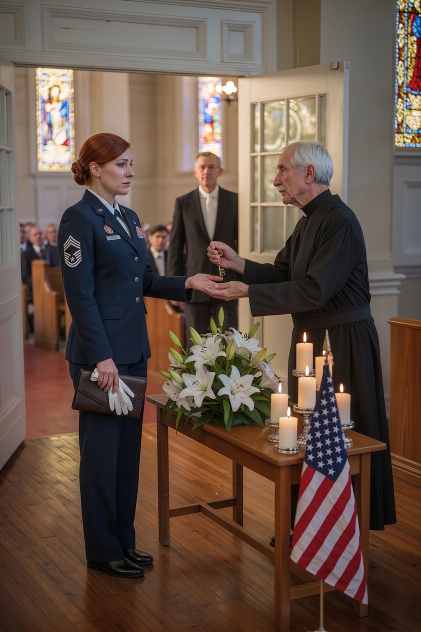 Tijdens de begrafenis van mijn moeder nam de priester me apart en zei: “Je echte naam is niet Brooks,” waarna hij me een sleutel van een opslagruimte in mijn hand drukte en me verbood naar huis te gaan. Tegen de tijd dat mijn stiefvader me een berichtje stuurde met “Kom naar huis. Nu.”, reed ik al richting een opslagruimte, nog steeds in mijn legeruniform en met een naam in mijn hoofd die al dertig jaar niet meer van mij was.