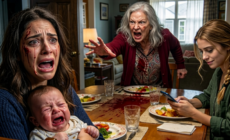 Een momentje… – Tijdens het eten begon mijn baby te huilen en mijn moeder sloeg met haar hand op de tafel. “Hou je…
