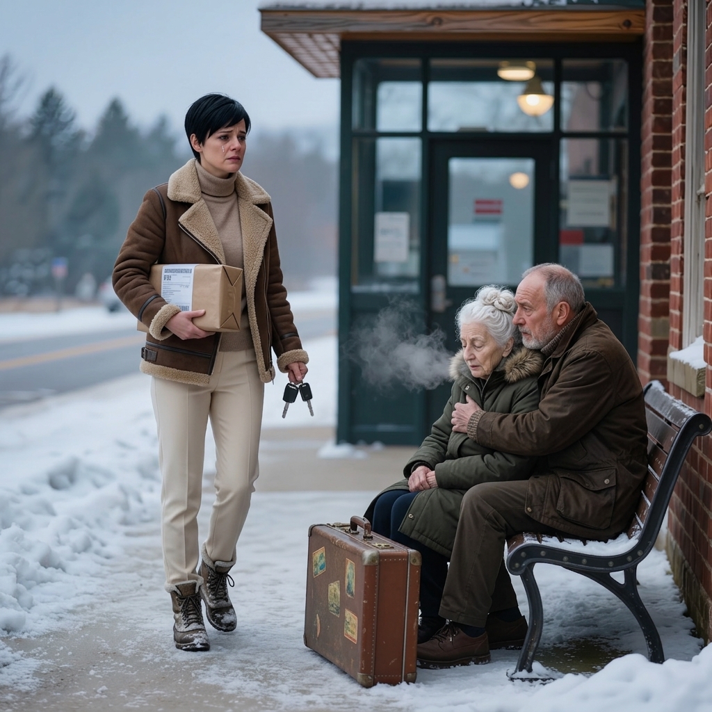 On Christmas Eve, a widowed mother spotted an elderly couple freezing on a bus station bench, clutching two worn suitcases and waiting for the son who promised, “I’ll take care of everything.” She brought them home for one warm meal, one safe night, and one real Christmas—never imagining that days later, the man who abandoned them would appear at her front door, demanding, “I’m here for my parents.”