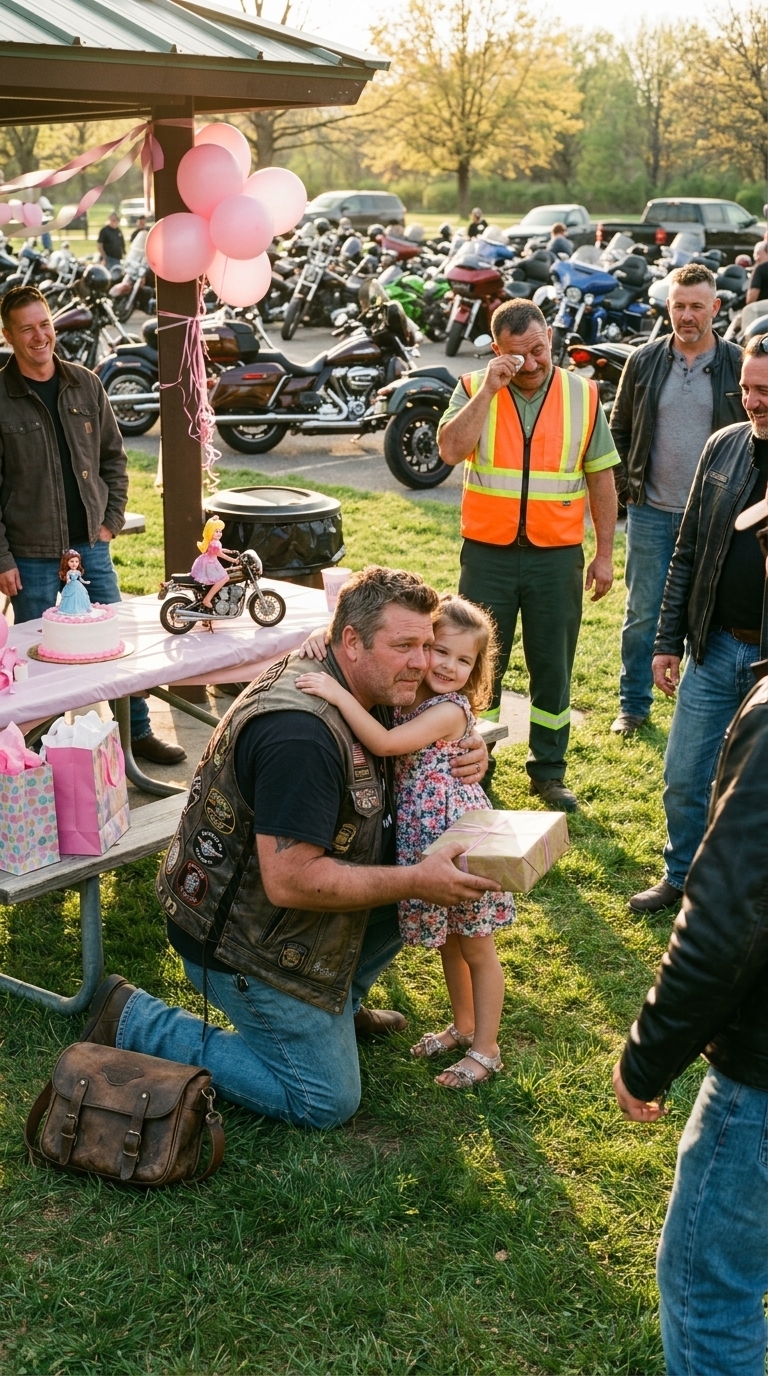 Een vuilnisman had maandenlang gespaard om de verjaardag van zijn dochter in een prachtig park te vieren, maar toen er vanwege zijn werk geen klasgenoten kwamen, sprong een onverwachte fietsgemeenschap bij en veranderde de dag op een manier die geen enkele ouder van een schoolkind had verwacht.