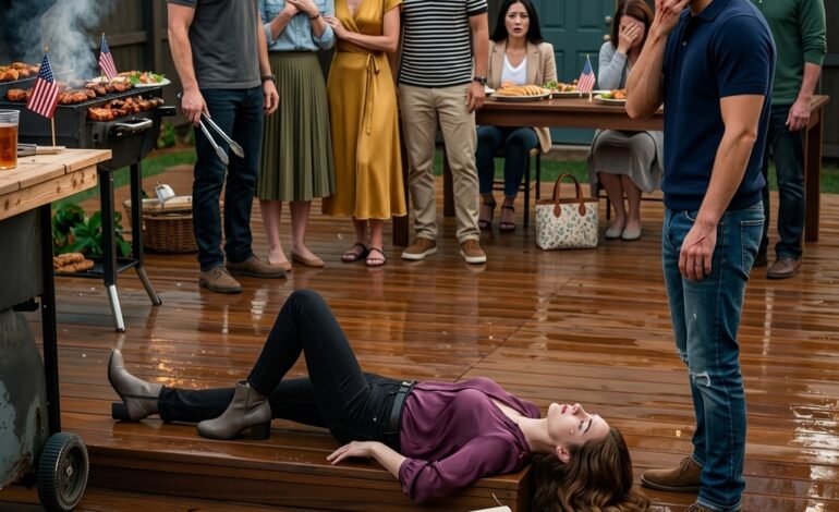 Ik kwam terug van een NAVO-missie en verwachtte een gezellige barbecue in Savannah – een nieuw terras, zoete thee en mijn ‘trotse’ familie die lachend naar de buren keek. Maar toen bleef mijn zus bij de trap staan, fluisterde ‘kijk eens’, en viel ik hard voor ieders ogen. Terwijl mijn ouders me dramatisch vonden, zag mijn oude legermaatje de gladde plek, belde 911 en de waarheid kwam langzaam aan het licht.